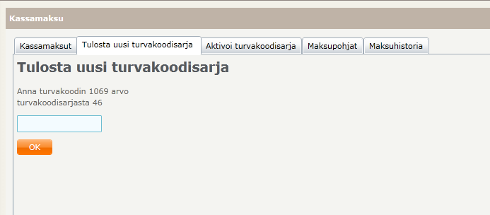 Lokakuu 2012 57 (61) Tallenna maksupohja mikäli käyttäjä haluaa tallettaa lomakkeelle syöttämänsä tiedot maksupohjaksi, tulee tämä kenttä olla valittuna ennen kassamaksun suorittamista. 22.2. Tulosta uusi turvakoodisarja Mikäli käyttäjän pitää tulostaa uusi turvakoodisarja, tapahtuu tämä välilehdellä Tulosta uusi turvakoodisarja.