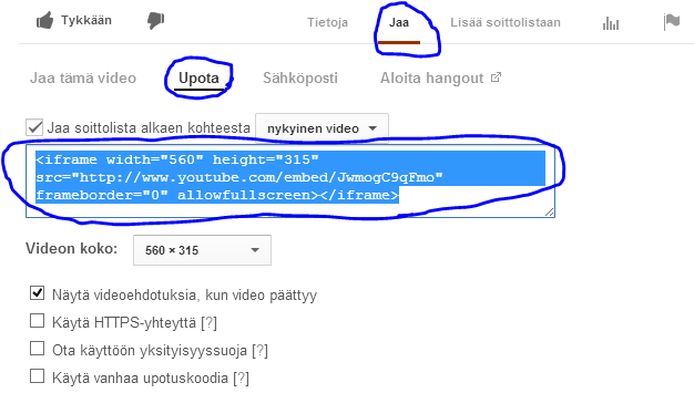 SilverStripe 3.x / FlowCMS 3 käyttöopas v 1.2.1 13(25) Upotuskoodin hakeminen YouTubesta. Kopioi maalattu koodi ja liitä se sivustolle edellä olevan ohjeen mukaan. 4.