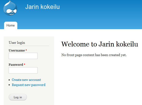 21 Silloin näet millainen on sivuston kirjautumiskkuna. 2.4. Drupal suomenkieliseksi Äskeisessä esimerkissä Drupla asennettiin englanninkielisenä.