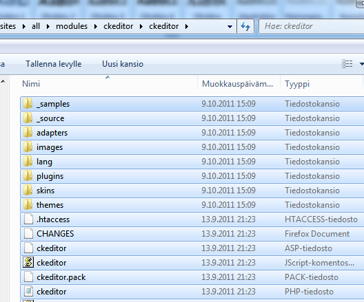 84 Suraavaksi kopioidaan CKeditorin tiedostot kansioon, jonka pölku on sites -> all ->modules ->ckeditor ->ckeditor.