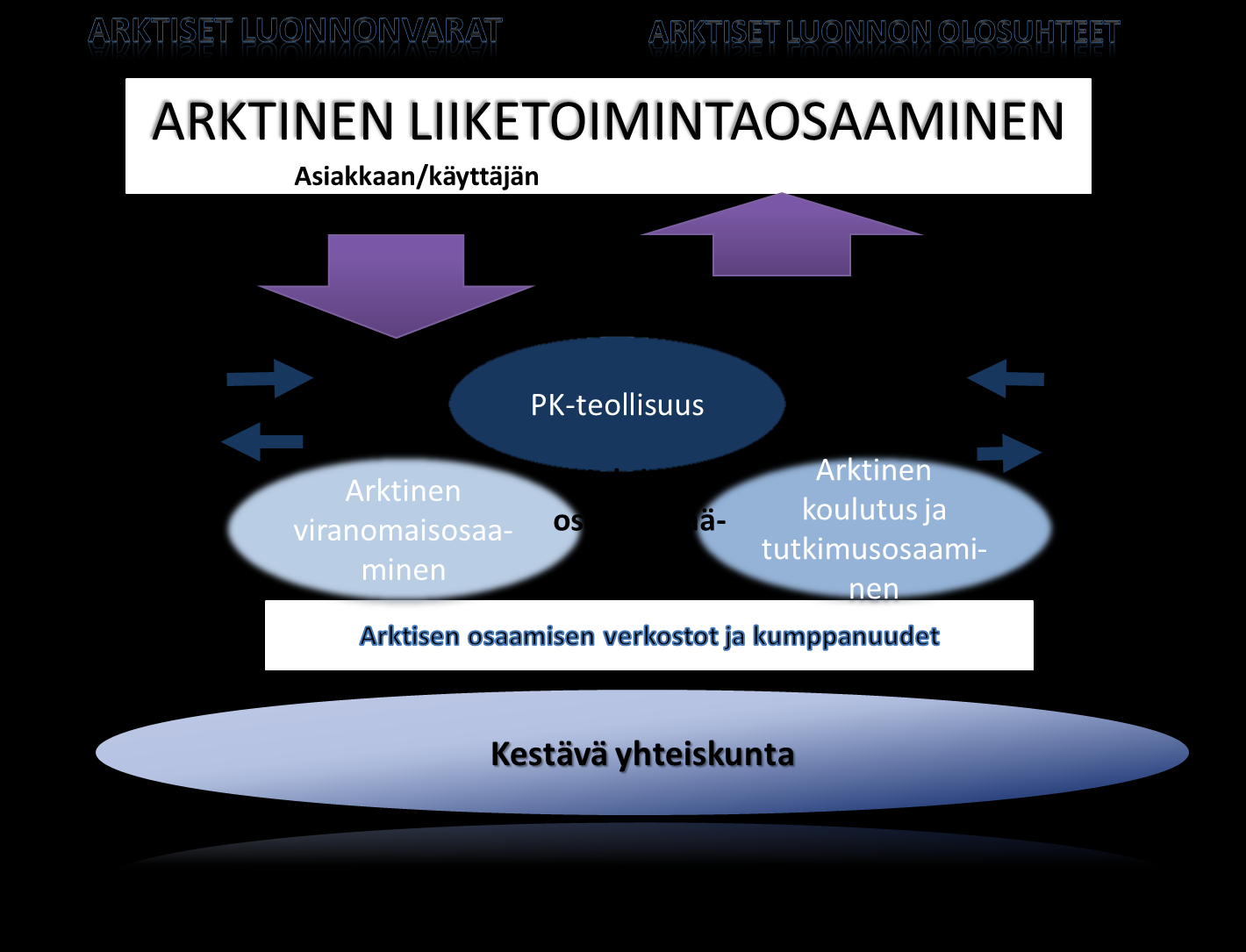 Kuva 11: Arktiset luonnonvarat ja luonnonolosuhteet suhteessa Lapin toimijakenttään Luonnonvarojen jalostaminen Keskeisiä tavoitteita ovat, että Lapin nykyiset ja tulevat kaivokset kehittyvät
