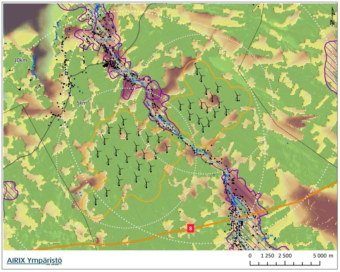 Suunnitellut tuulivoimalat näkyvät kaukomaisemassa myös Revonlahden taajamaan. Kuvasovite valtatien 8 varresta.