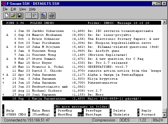 92 Luku 4. Linuxin käyttö ja ylläpito Kun olet kirjoittanut postisi, on se tietenkin lähettävä. Lähettäminen tapahtuu painamalla näppäinyhdistelmän Ctrl+x.