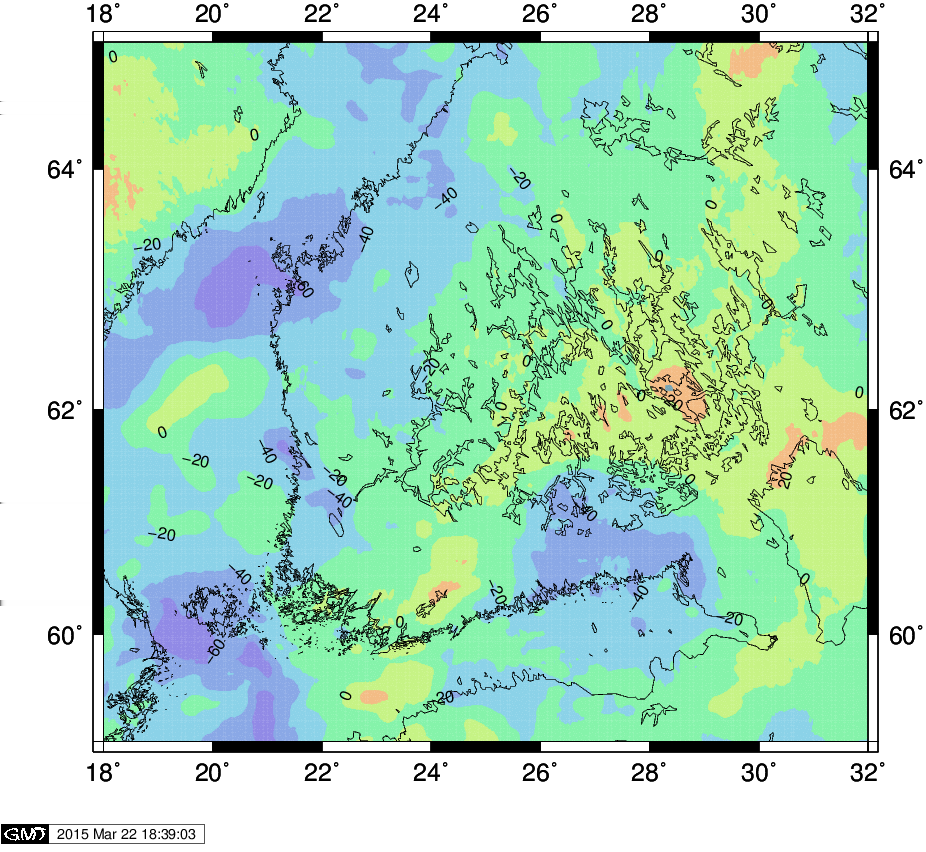 5.8. Isostaattinen geoidi 87 Kuva 5.13 Isostaattisia painovoima-anomalioita Etelä-Suomessa. Airi-Heiskanen, kompensaatiosyvyys 30 km.