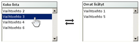 Kahden laatikon listavalikko (Huom: ulkoasu ei Tiptopin mukainen) Listavalikon valinta ei voi aloittaa tehtävää, koska oletuksena valitaan useampi vaihtoehto listalta eikä tällöin ole välttämättä