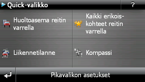 Asetusten mukkaaminen Valitse pikavalikkn haluamasi timinnt seuraavasti: 1. Napauta painiketta Pikavalikn asetukset pikavalikn alapalkissa.