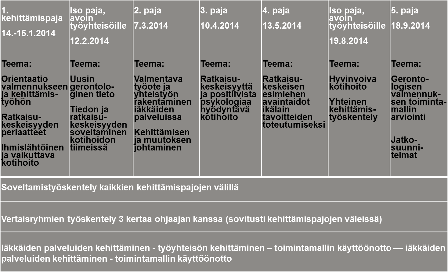 10 Taulukko 1. Gerontologisen valmennuksen toimintamallin kehittäminen: Valtti - hankeprosessin osat.