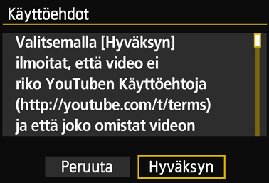 Kuvien lähettäminen web-palveluun 4 5 Kuvakoon pienennys. Määritä tarvittaessa. Lisätietoja asetusten määrittämisestä on seuraavalla sivulla. Kun kohteeksi on valittu YouTube, [Muuta läh.