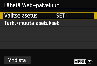 Useiden yhteysasetusten rekisteröinti Voit rekisteröidä enintään kolme web-palvelun ja kameran välistä yhteysasetusta. 1 Valitse [Wi-Fi-toiminto].