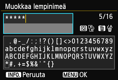 Lempinimen rekisteröinti Näyttönäppäimistön käyttäminen Kirjoitusalueen vaihtaminen Voit vaihtaa ylemmän ja alemman kirjoitusalueen välillä painamalla <Q>-painiketta.