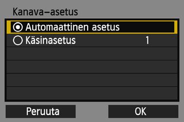 Yhteyden muodostaminen kameran tukiasematilan avulla Kun [Manuaalinen yhteys] on valittu Määritä [SSID], [Kanava-asetus] ja [Salausasetukset] kussakin avautuvassa näytössä. Kirjoita SSID.