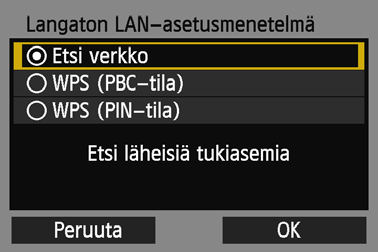 Manuaalinen yhteys verkkohaun avulla Langattoman verkon valitseminen Kun [Etsi verkko] on valittu, näkyviin tulee luettelo lähistöllä olevista aktiivisista tukiasemista ja niiden tiedoista.