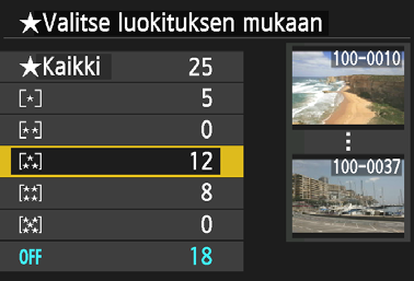 Katsottavien kuvien määrittäminen 5 Valitse vaihtoehto. Valitse vaihtoehto <V>-painikkeilla ja paina sitten <0>-painiketta. Valitse [OK] ja avaa asetusnäyttö painamalla <0>-painiketta.