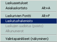 Asetukset... Laskujen uudistus (poisto) Laskuja voidaan haluttaessa poistaa (samalla laskurivit järjestellään uudelleen käsittelyn nopeuttamiseksi). Valitaan käyttöön jäävä laskunumeroväli.