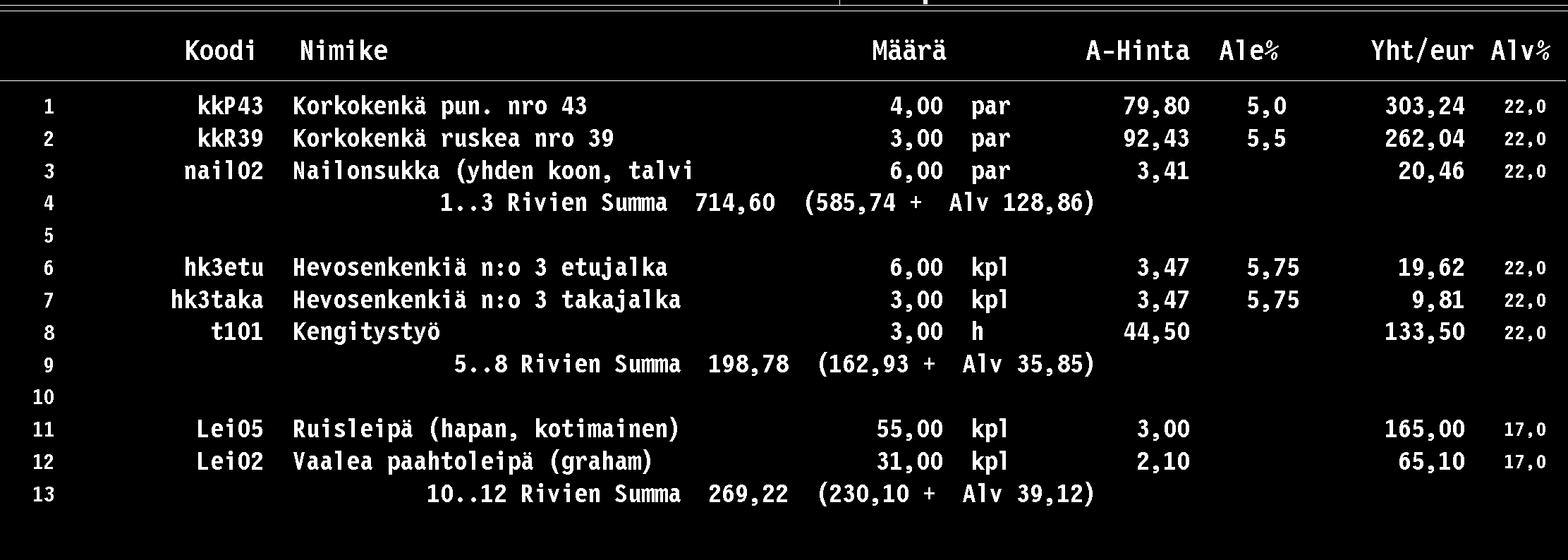 Laskurivien välisumma (korvaa koontilaskun) Halutulle laskuriville, nimike-sarakkeeseen saadaan kahdella tähtimerkillä ( ** ) edellisten rivien summa (verollinen, veroton ja alv).