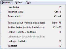 Laskun tekeminen ja muokkaus Pikapainikkeet Uusi lasku (F5) Laskun tallennus (CTRL+S) Laskun tulostus (CTRL+P) Laskujen tulostus (SHIFT + F6) useita laskuja luettelosta valitsemalla Maksujen