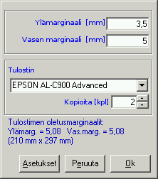 Laskun tulostaminen ja Maksujen kirjaus sekä Tulostinasetukset Osasuoritusten selaus Tulostimen asetukset Maksun kirjaus (Myös maksun osasuoritus on mahdollista) Maksusuoritusten kirjaus