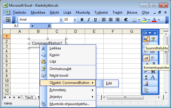 Logiikan ohjaaminen Excelillä (Voit tehdä tämän esimerkiksi seuraavalle taulukko -välilehdelle.) Avaa ensin näkyviin ohjausobjekti -työkalurivi. Avaa ohjausobjektit.