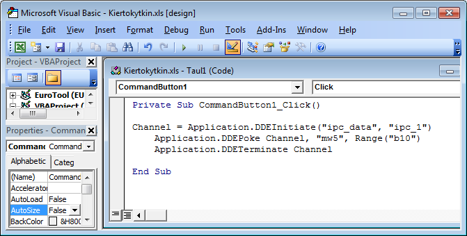 Painikkeelle määritellään toiminta Visual Basic -funktiolla. Aloitetaan sen tekeminen klikkaamalla hiiren kakkospainiketta painikkeen päällä ja valitsemalla Näytä koodi. Kuva 26.