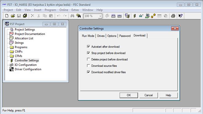 IP -asetuksien tarkistaminen tietokoneesta Ohjelmien siirtoa tietokoneelta logiikalle helpottaa, mikäli Controller Setting (Ohjaimen asetukset) -kohdassa Download (Lataus) välilehdelle lisää valinnat