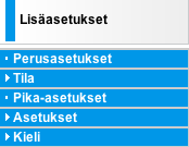 Lisäasetukset-valikon alta löytyvät seuraavat valikot: - Perusasetukset: Toiminnon alta löytyy pikalinkit perustoimintoihin - Tila: ADSL-verkon tila, ARP-taulukko, DHCP-taulukko, Järjestelmäloki,