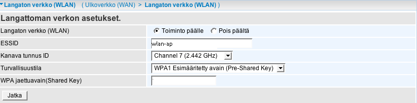 langattoman verkon (WLAN) asetuksiin: Painikkeesta pääsee WLAN-asetuksiin (lisää WLAN-asetuksia löytyy hallintaohjelmasta kohdasta Lisäasetukset / Asetukset / Lähiverkko (LAN)) Langaton verkko: