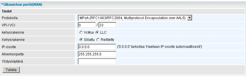 4.4.2 Ulkoverkko (WAN) Toiminnossa voi muuttaa ulkoverkon portin (WAN) asetuksia. Lisää ulkoverkon asetuksia löytyy hallintaohjelmasta kohdasta Lisäasetukset / Asetukset / Ulkoverkko (WAN). 1.