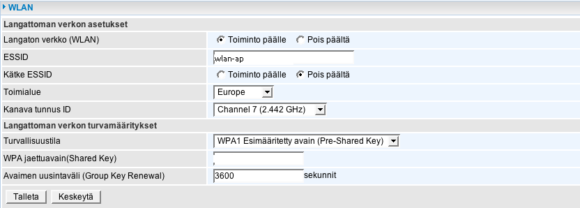 4.3.3 Langaton verkko (WLAN) Pikalinkki langattoman verkon asetuksiin. Toiminnossa voidaan muuttaa WLAN-asetuksia.