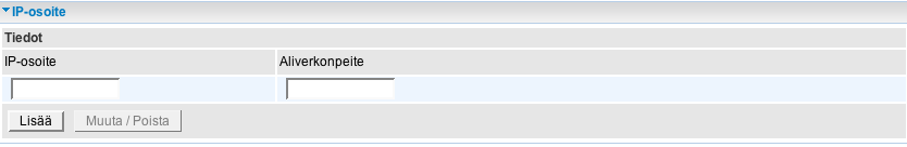 4.4.3.1 Lähiverkko (LAN) Lähiverkko (LAN) on tässä Ethernet-verkko, jossa toimii yksi tai useampia koneita samassa sisäisessä verkossa. 4.4.3.1.1 Ethernet Tässä kohdassa voi muuttaa laitteen omaa hallinta IP osoitetta.