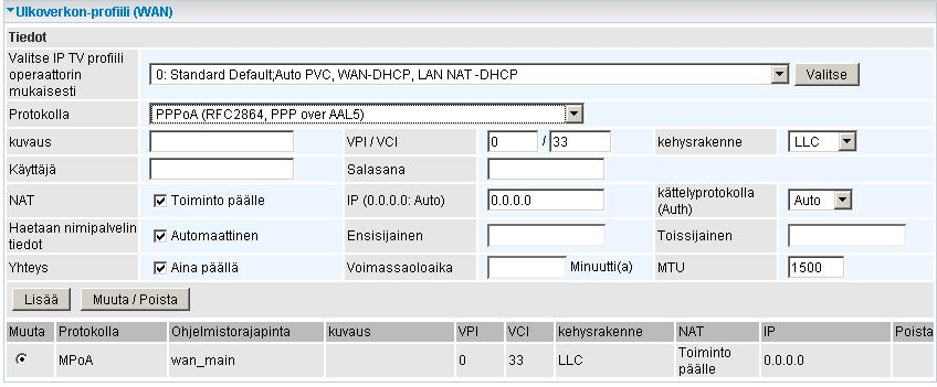 IP: Jätetään tyhjäksi, jos IP-osoite haetaan automaattisesti.