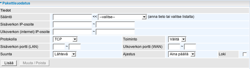 4.4.3.4.1 Pakettisuodatus Toiminnossa voidaan määritellä IP-liikennettä sovellusporttien mukaan. Tarvittaessa voidaan myös määritellä sekä lähteen että kohteen IP-osoitteet.