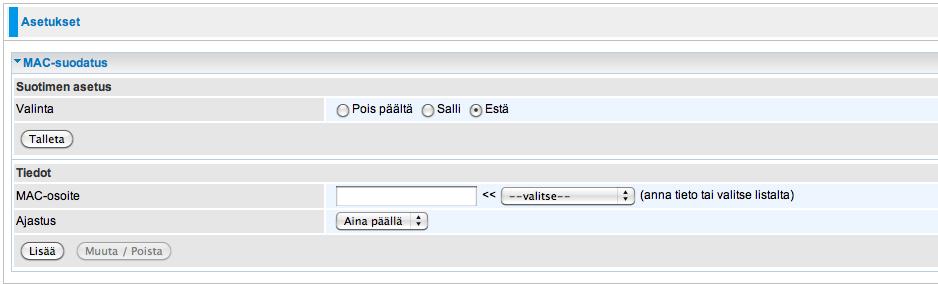 4.4.3.4.2 MAC-suodatus Jokaisella verkkokortilla on oma yksilöllinen MAC-osoite. Näillä osoitteilla voidaan sallia tai estää käyttöoikeuksia Internet-yhteydelle 4.4.3.4.3 Hyökkäysten tunnistus Jos laitteen toiminto on päällä, niin se tunnistaa automaattisesti palvelunestohyökkäykset (Denial of Service) ja estää ne.
