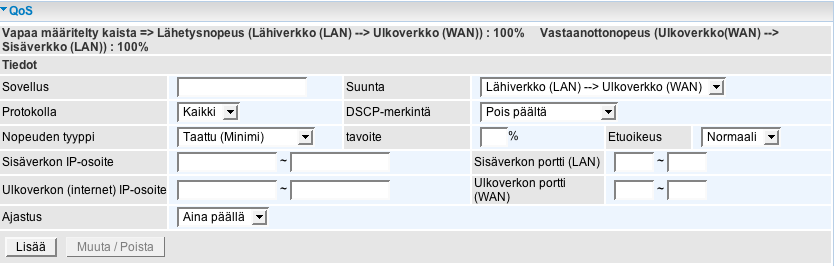 4.4.3.4.5 www-suodatus Toiminnolla rajoitetaan pääsyä määriteltyihin www-osoitteisiin 4.4.3.5 Palveluiden etuoikeudet ja järjestys (QoS) QoS: Toiminto takaa palveluille tarjottavan kaistan sovelluskohtaisesti.