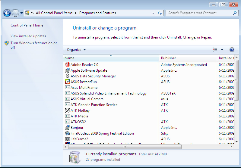 3.2.3 Voit poistaa VGA-ohjaimen Windows 7:ssä seuraavasti Voit poistaa ASUS-apuohjelmat Windows 7:ssä seuraavasti: Napsauta Start (Käynnistä) > Control