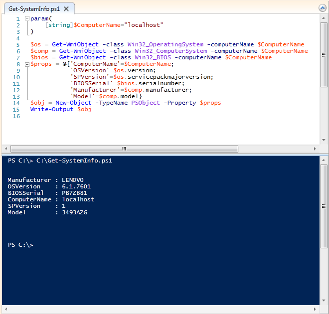 6 Kuva 5. Komentosarja Get-SystemInfo.ps1 suoritettuna PowerShell ISE -ohjelmalla.