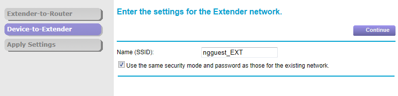 3. Valitse laajennettava WiFi-verkko ja napsauta Continue (Jatka) -painiketta. Seuraava näyttö avautuu: 4.