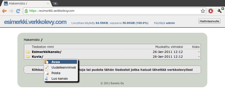 Kirjauduttuasi sisään, näet sivun yläpalkissa verkkolevysi nimen, käyttämäsi ja vapaana olevan levytilan sekä käyttäjätunnuksesi.