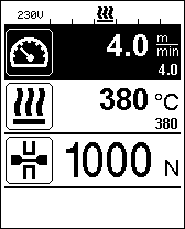 Hastighets- og temperaturinnstilling under sveising Hvis driften er slått på, stilles sveiseparameterne for temperatur og hastighet i arbeidsdisplayet (34) som følger: Hastighetsfunksjonsvisningen