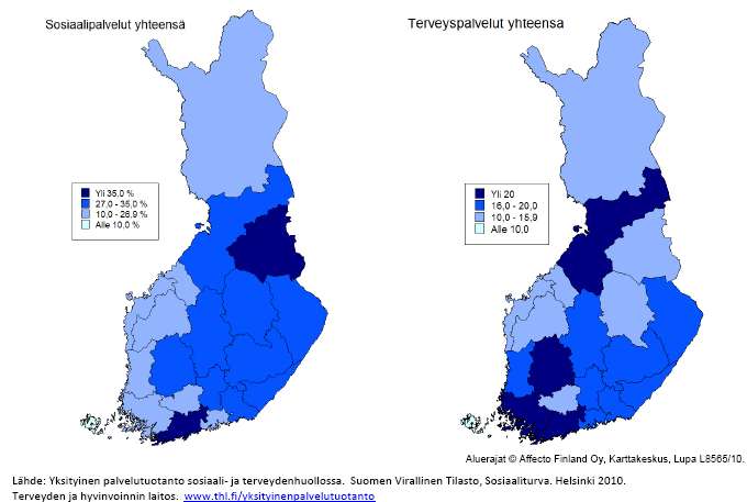 Etelä-Karjalan koko sosiaalialan henkilöstöstä yksityisen sektorin osuus on n. 30 % ja terveyspalvelujen henkilöstöstä 16 20 % välillä (kuva 10).
