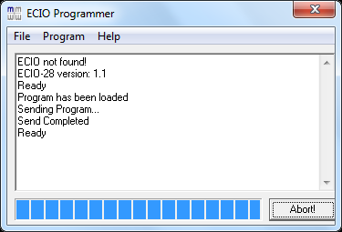 Ladataan hex-tiedosto Programmeriin (Open). Kirjoitetaan ladattu hex-tiedosto ECIOon (Send Program). Luetaan ECIOn sisältö Programmeriin (Read Program).