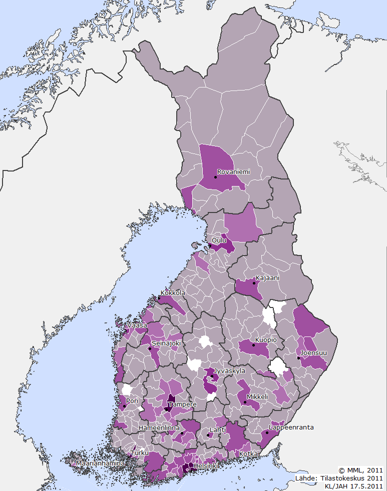 Maahanmuutto Maahanmuutto kunnittain 2010 Eniten: henkilöitä Helsinki 5 703 Espoo 2 412 Vantaa 1 480 Turku 1 231 Tampere 1 118 Oulu 657 Vaasa 517 Jyväskylä 514 Kotka 429 Lappeenranta 387 Ei yhtään: