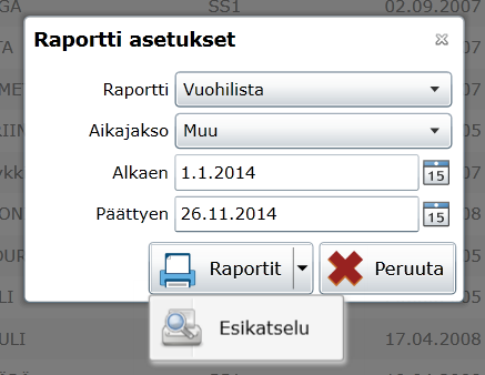 Raportit Paina Raportit painiketta Eläinlistan yläreunassa ja tarkastele Raporttiasetukset ikkunaa, jossa on listattu raportit.