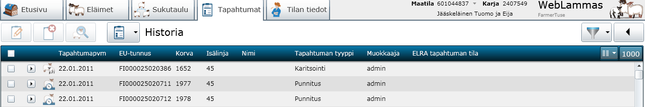Listan näkymä muuttuu sitä mukaan, mitä tietoja haetaan.