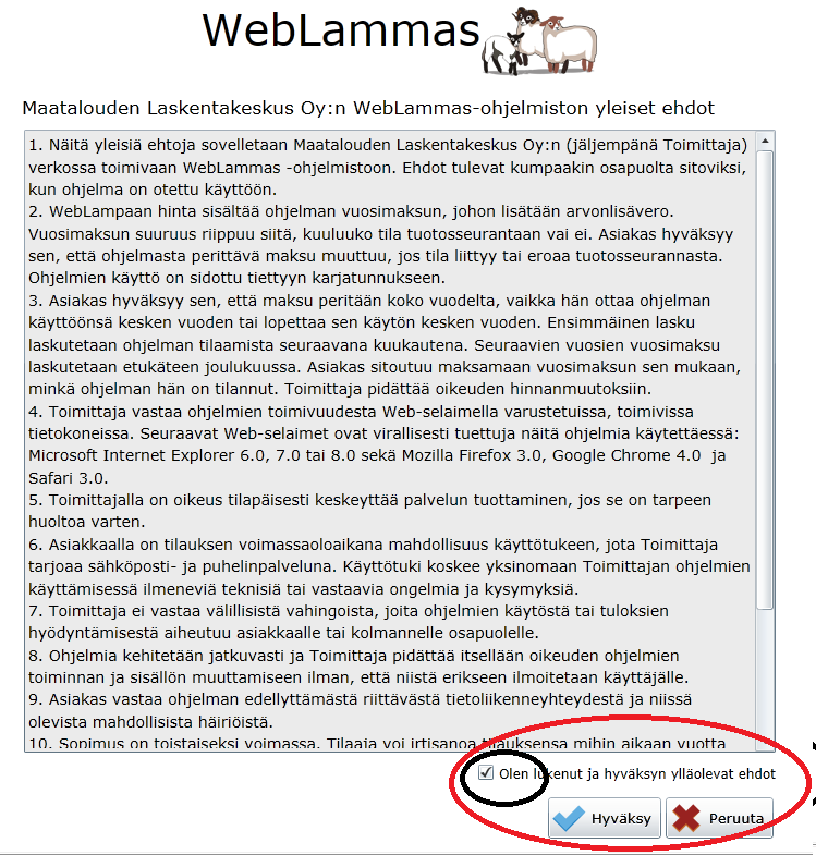 Neuvojakäyttäjät eivät tarvitse palvelusopimusta, ainoastaan viljelijäkäyttäjät hyväksyvät sen, jotta saavat WebVuohen käyttöönsä. Etusivu Etusivu on ohjelmiston pääsivu.