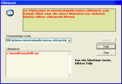 Voit tulostaa käyttäjälle myös erilliset ohjeet, mikäli haluat lähettää kotiin tietoa Mini-Lexian ja sähköpostiliitteen asentamisesta toiselle tietokoneelle.