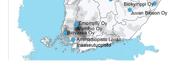 Kuva 35. Suomessa vuonna 2013 sijaitsevat eläinten lantaa hyödyntävät biokaasulaitokset.