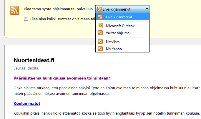 Mozilla Firefox-selaimessa tilausnäkymä: RSS-syöte Nuortenideat.fi -palveluun tallennettuja ideoita voi seurata RSS-syötteen kautta palvelu tarjoaa syötteenä halutun sisältöisen idealistauksen esim.