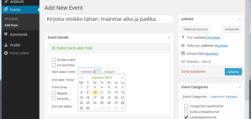 1. Tapahtuman ajankohta Klikkaa vihreää otsikkoa Event date and Time avataksesi ajankohtavalinnat.