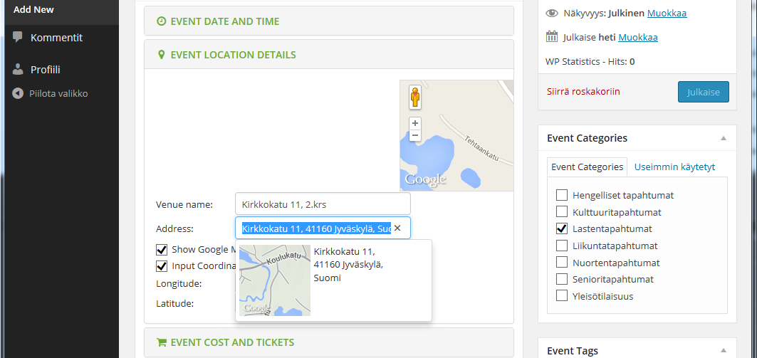 2. Tapahtumapaikka Klikkaa vihreää otsikkoa Event location details avataksesi tapahtumapaikan tiedot.