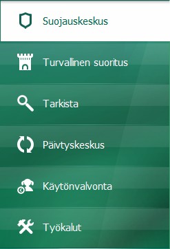 K Ä Y T T Ö O P A S Ikkunan vasemmassa osassa voit siirtyä nopeasti sovelluksen pääominaisuuksiin: suojauskomponenttien käyttöönotto ja käytöstä poistaminen, virustarkistustehtävien suorittaminen,